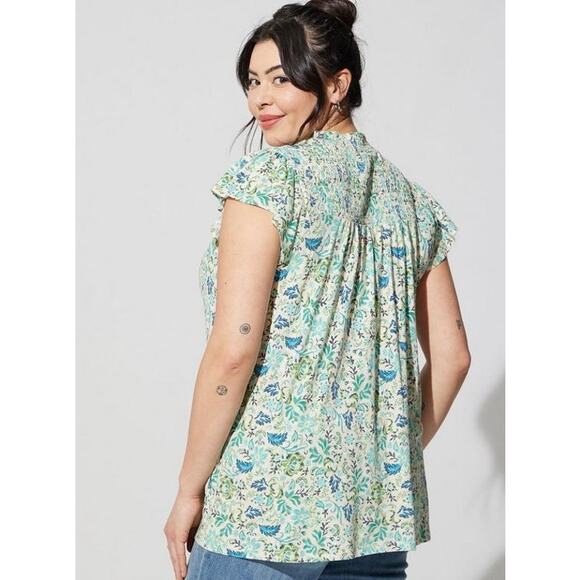 Torrid Green + Blue Floral Print Short Sleeve Smocked Mock Neck Top - 3X - NWT - Picture 7 of 11